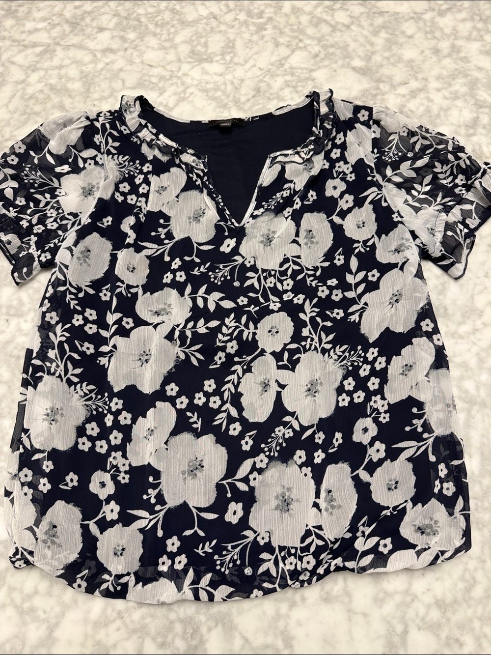 Navy Floral Split-Neck Short Sleeve Top